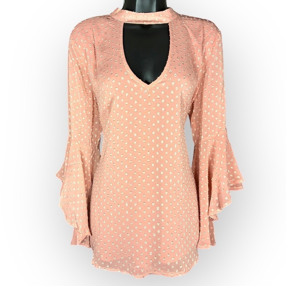NWT Band of Gypsies Blush polka dot chiffon dress bell sleeve choker boho Size M